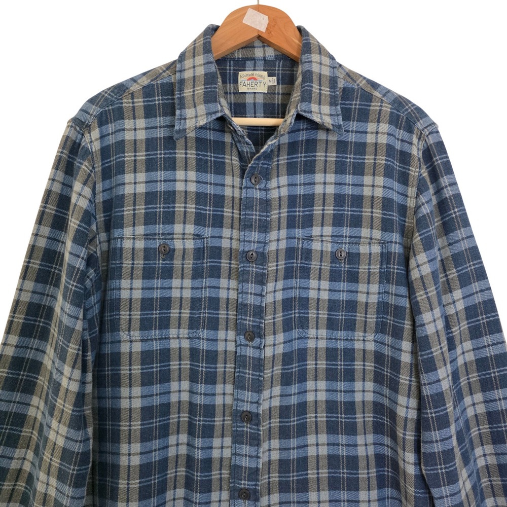 Faherty Brand Mens Natural Indigo Dye Plaid Flannel Shirt Blue Grey Size M
